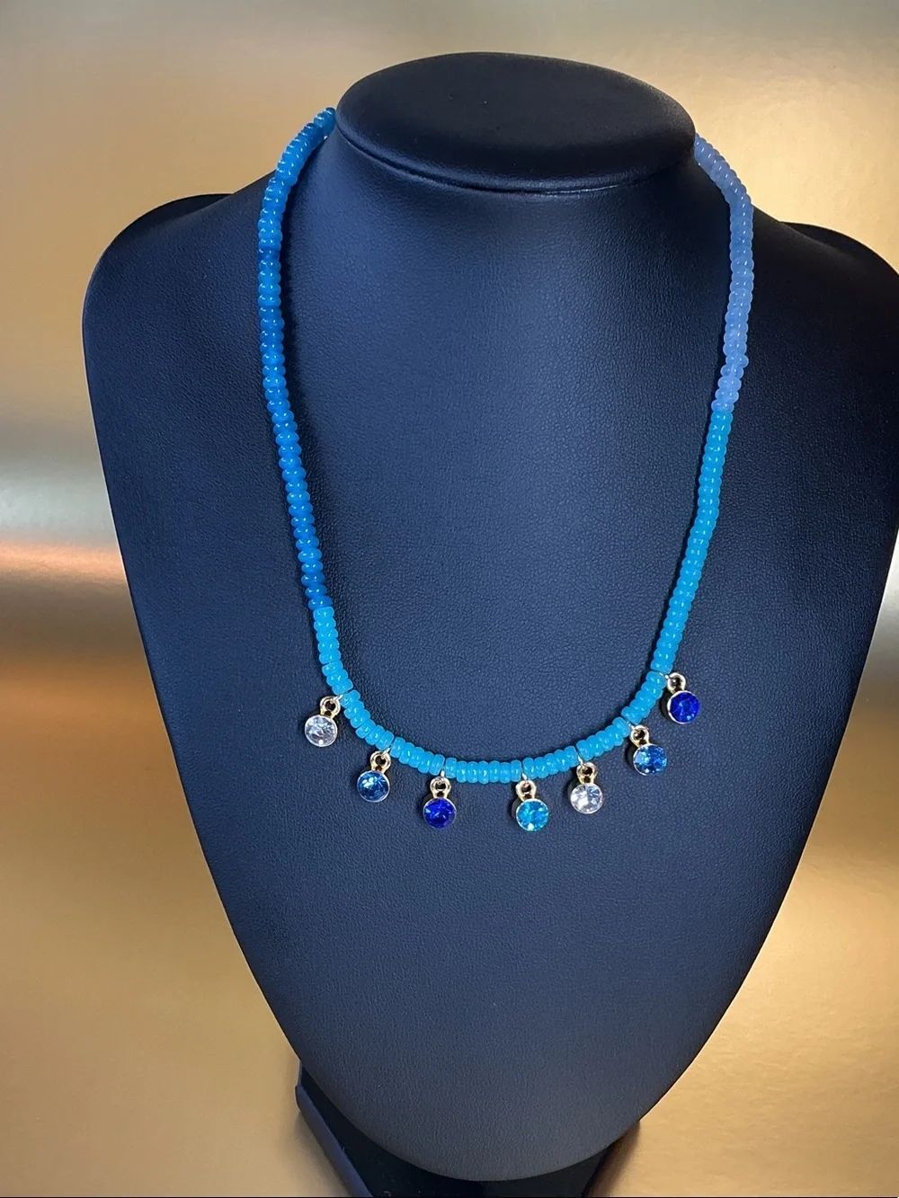 Blue Beaded Charm Necklace - Turquoise and Cobalt 17” plus 2” extender